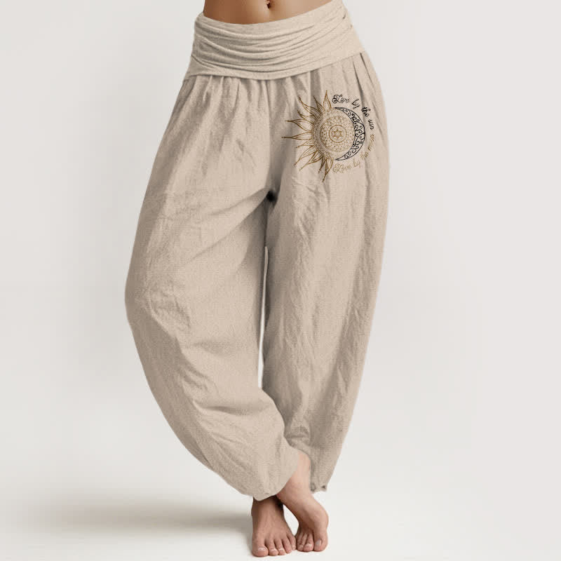 Buddha Stones Pantaloni harem da donna in puro cotone con motivo mandala sole lunare e vita elasticizzata. - Tan - US16, UK/AU20, EU48 (3XL) - image 11