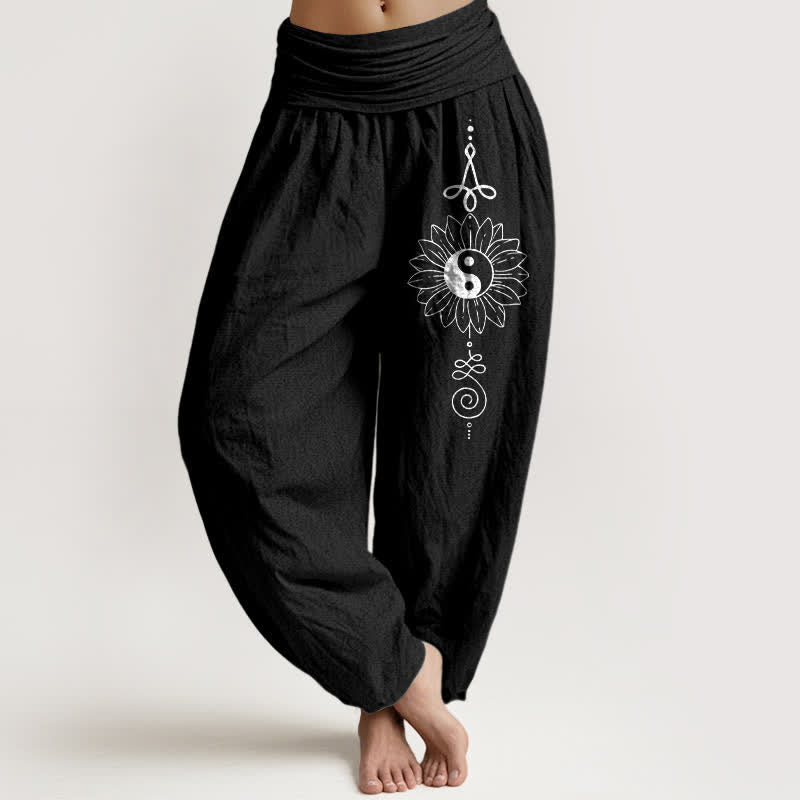 Buddha Stones Pantaloni harem da donna in puro cotone con motivo girasole Yin Yang e vita elasticizzata. - Nero - US16, UK/AU20, EU48 (3XL) - image 5