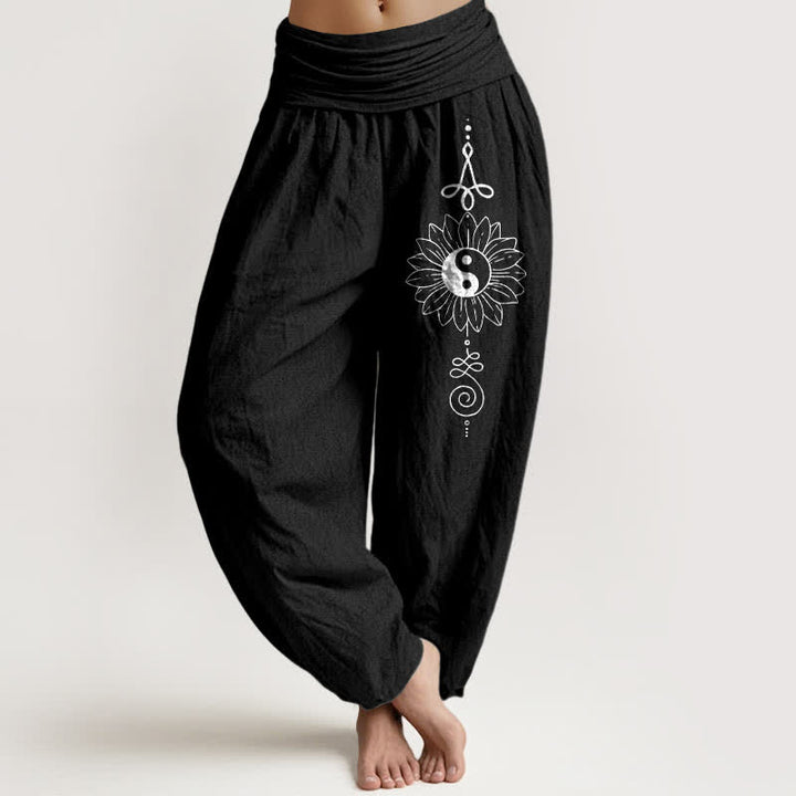 Buddha Stones Pantaloni harem da donna in puro cotone con motivo girasole Yin Yang e vita elasticizzata. - Nero - US16, UK/AU20, EU48 (3XL) - image 5