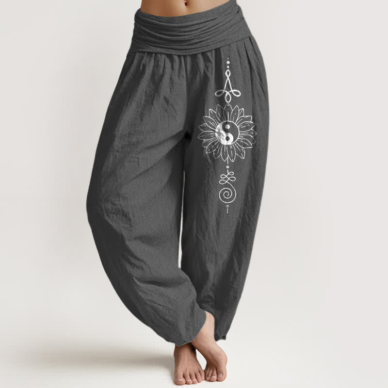 Buddha Stones Pantaloni harem da donna in puro cotone con motivo girasole Yin Yang e vita elasticizzata. - Grigio tenue - US16, UK/AU20, EU48 (3XL) - image 11