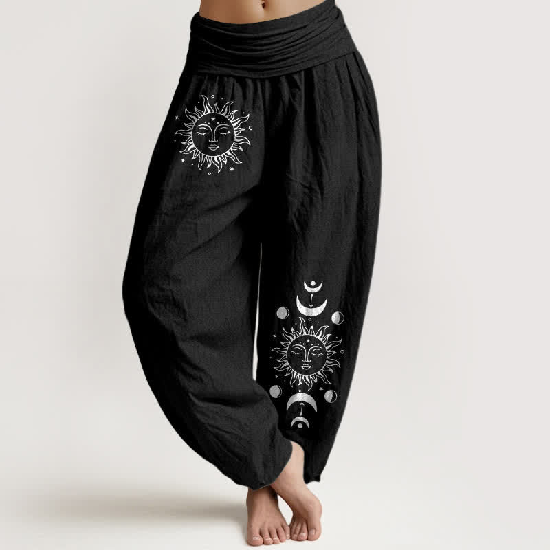 Buddha Stones Pantaloni harem da donna in puro cotone con fantasia sole e luna e vita elasticizzata. - Nero - US16, UK/AU20, EU48 (3XL) - image 5