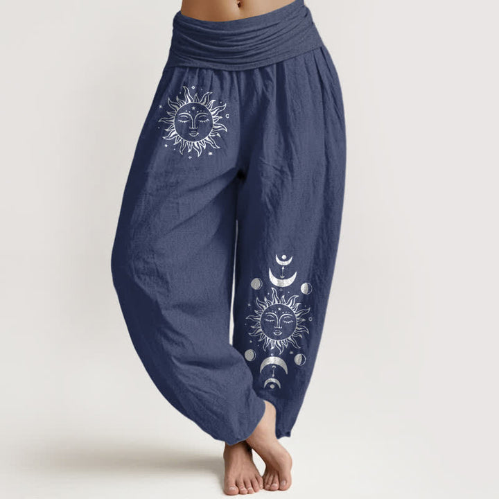 Buddha Stones Pantaloni harem da donna in puro cotone con fantasia sole e luna e vita elasticizzata. - Blu ardesia scuro - US16, UK/AU20, EU48 (3XL) - image 0