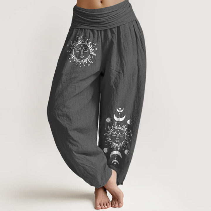 Buddha Stones Pantaloni harem da donna in puro cotone con fantasia sole e luna e vita elasticizzata. - Grigio tenue - US16, UK/AU20, EU48 (3XL) - image 8