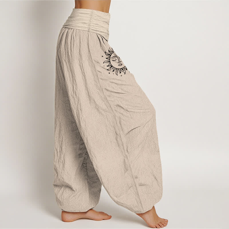 Buddha Stones Pantaloni harem da donna in puro cotone con fantasia sole e luna e vita elasticizzata. - image 12