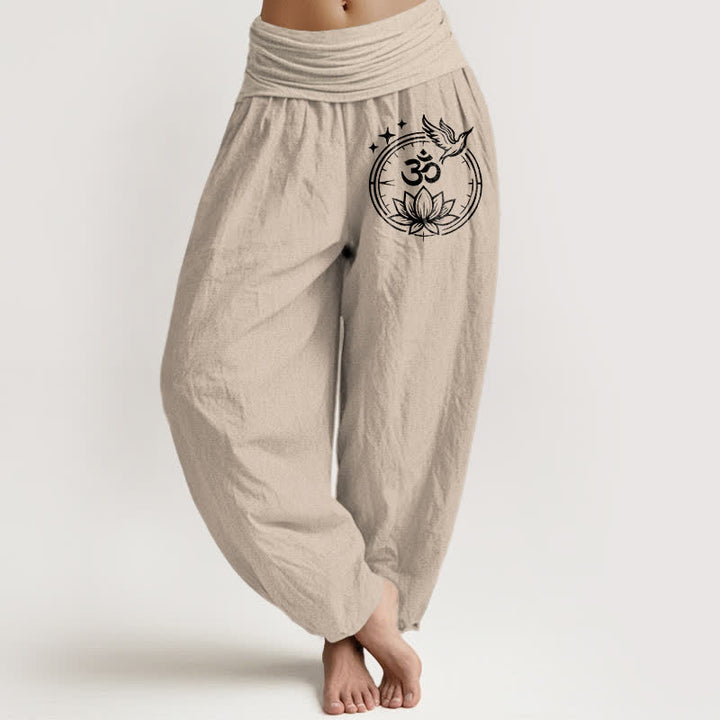 Buddha Stones Pantaloni harem da donna in puro cotone con motivo a loto e uccello Om, con elastico in vita. - Tan - US16, UK/AU20, EU48 (3XL) - image 11