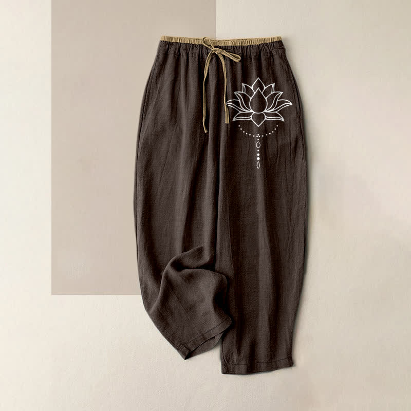 Buddha Stones Pantaloni da donna in puro cotone con elastico in vita e tasche, fantasia a loto. - Marrone sella - US16, UK/AU20, EU48 (3XL) - image 4