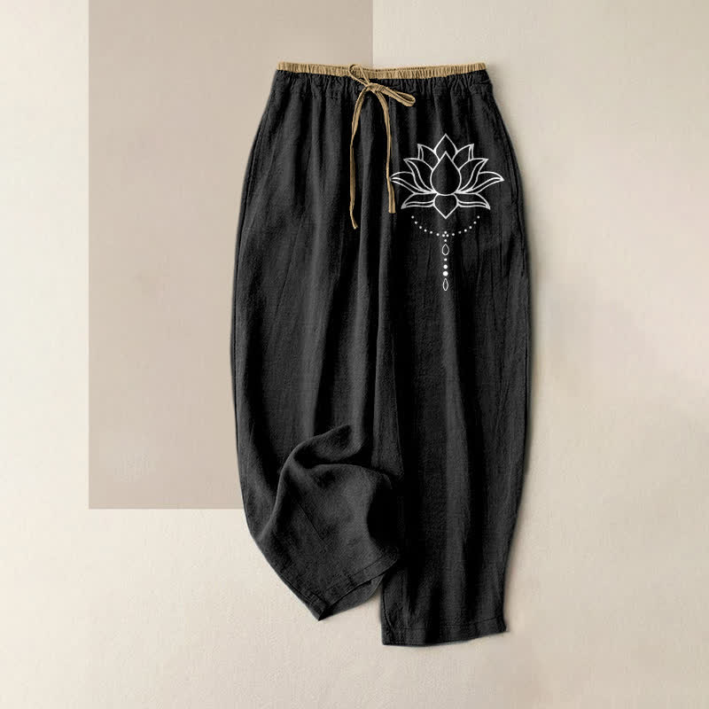 Buddha Stones Pantaloni da donna in puro cotone con elastico in vita e tasche, fantasia a loto. - Nero - US16, UK/AU20, EU48 (3XL) - image 0