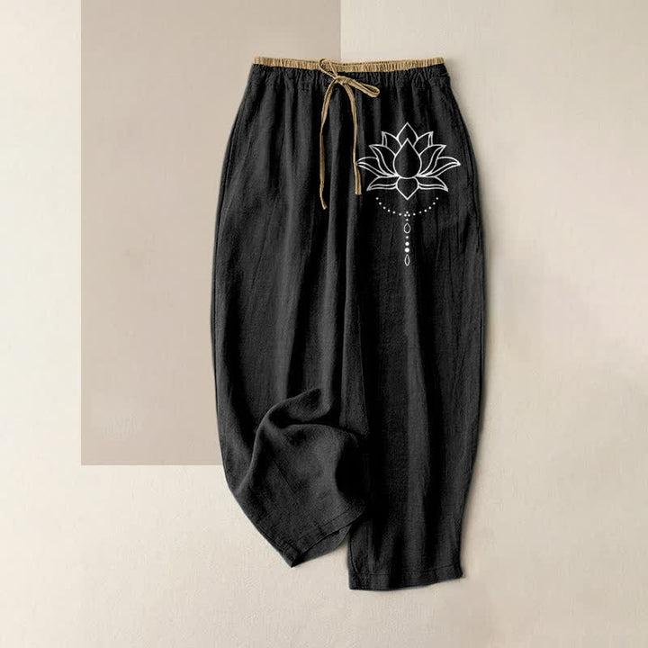 Buddha Stones Pantaloni da donna in puro cotone con elastico in vita e tasche, fantasia a loto. - Nero - US16, UK/AU20, EU48 (3XL) - image 0