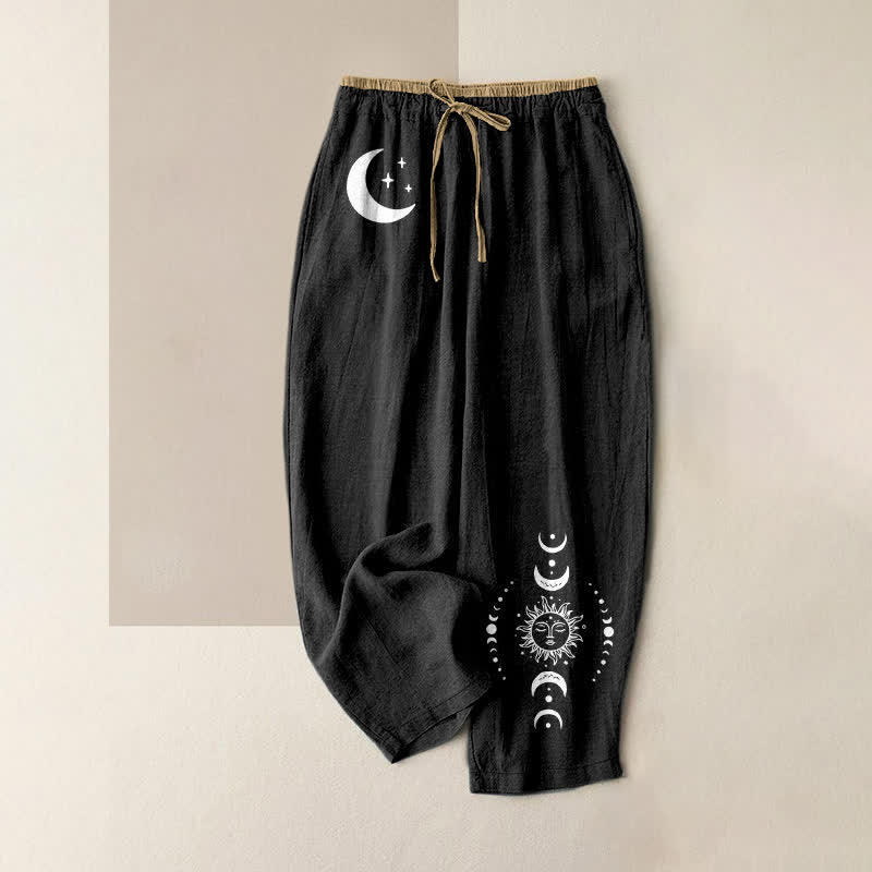 Buddha Stones Eleganti pantaloni da donna in puro cotone con elastico in vita e tasche, con motivo a fasi lunari. - Nero - US16, UK/AU20, EU48 (3XL) - image 0
