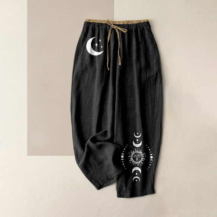 Buddha Stones Eleganti pantaloni da donna in puro cotone con elastico in vita e tasche, con motivo a fasi lunari. - Nero - US16, UK/AU20, EU48 (3XL) - image 0