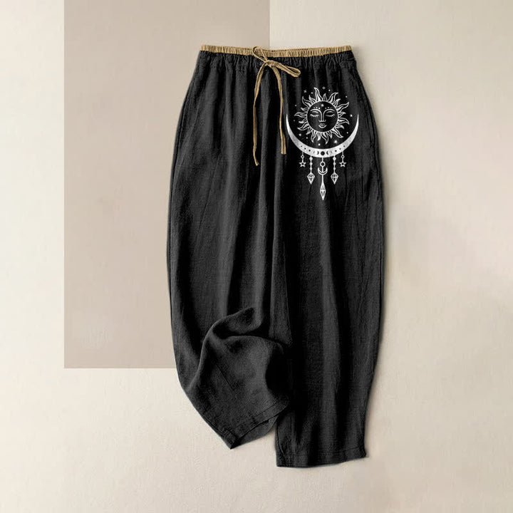Buddha Stones Pantaloni da donna in puro cotone con elastico in vita e tasche, fantasia celeste sole e luna. - Nero - US16, UK/AU20, EU48 (3XL) - image 5