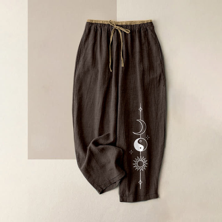 Buddha Stones Pantaloni da donna in puro cotone con elastico in vita e tasche, con motivo Yin Yang celeste. - Marrone sella - US16, UK/AU20, EU48 (3XL) - image 4