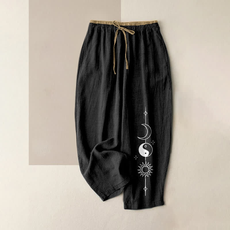 Buddha Stones Pantaloni da donna in puro cotone con elastico in vita e tasche, con motivo Yin Yang celeste. - Nero - US16, UK/AU20, EU48 (3XL) - image 0