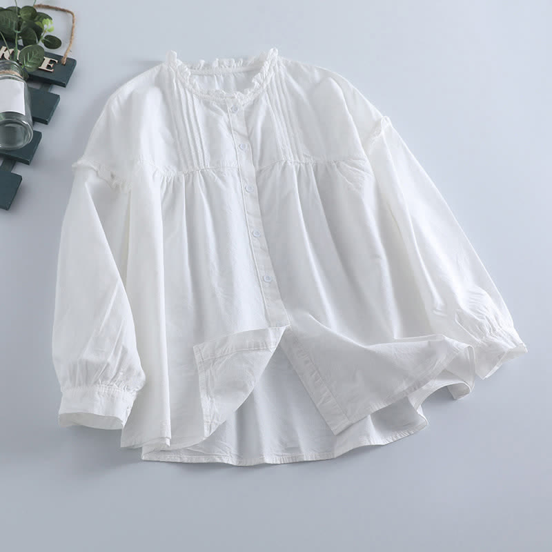 Buddha Stones Camicia da donna a maniche lunghe, tinta unita, con bottoni e pieghe, stile primaverile, casual vintage. - Bianco - US8-10, UK/AU12-14, EU40-42 (2XL) - image 5