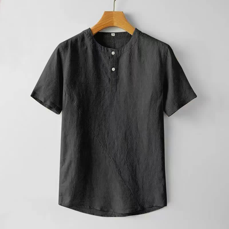 Camicia da uomo a maniche corte, tinta unita, in poliestere e lino, con Buddha Stones e due bottoni. - Nero - US/UK/AU44, EU54 (4XL) - image 3