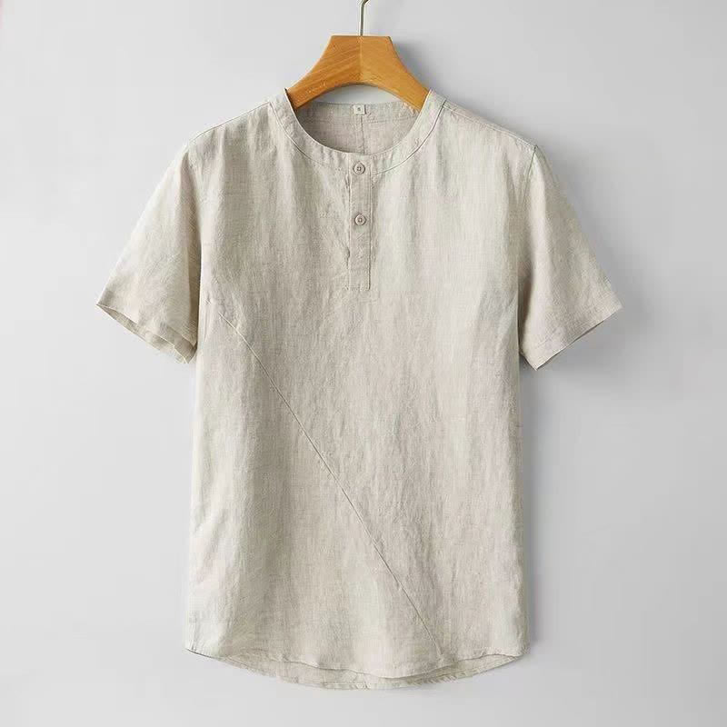 Camicia da uomo a maniche corte, tinta unita, in poliestere e lino, con Buddha Stones e due bottoni. - Beige - US/UK/AU44, EU54 (4XL) - image 4