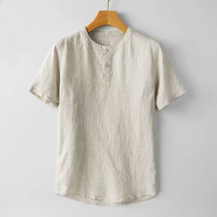 Camicia da uomo a maniche corte, tinta unita, in poliestere e lino, con Buddha Stones e due bottoni. - Beige - US/UK/AU44, EU54 (4XL) - image 4