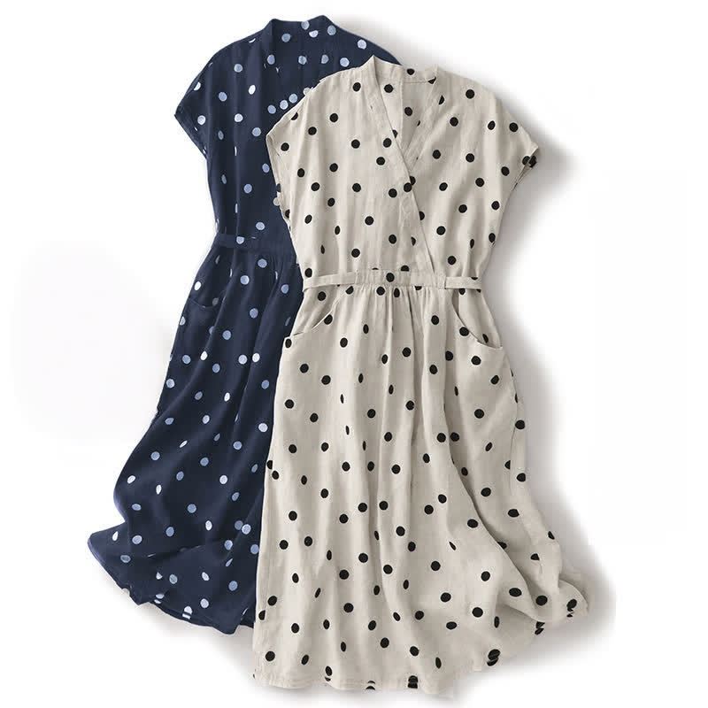 Abito midi da donna con scollo a V, lacci e tasche, con stampa a pois e motivo Buddha Stones. - image 18