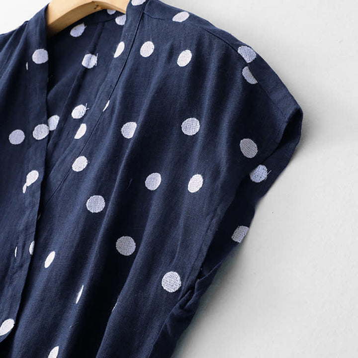 Abito midi da donna con scollo a V, lacci e tasche, con stampa a pois e motivo Buddha Stones. - image 2