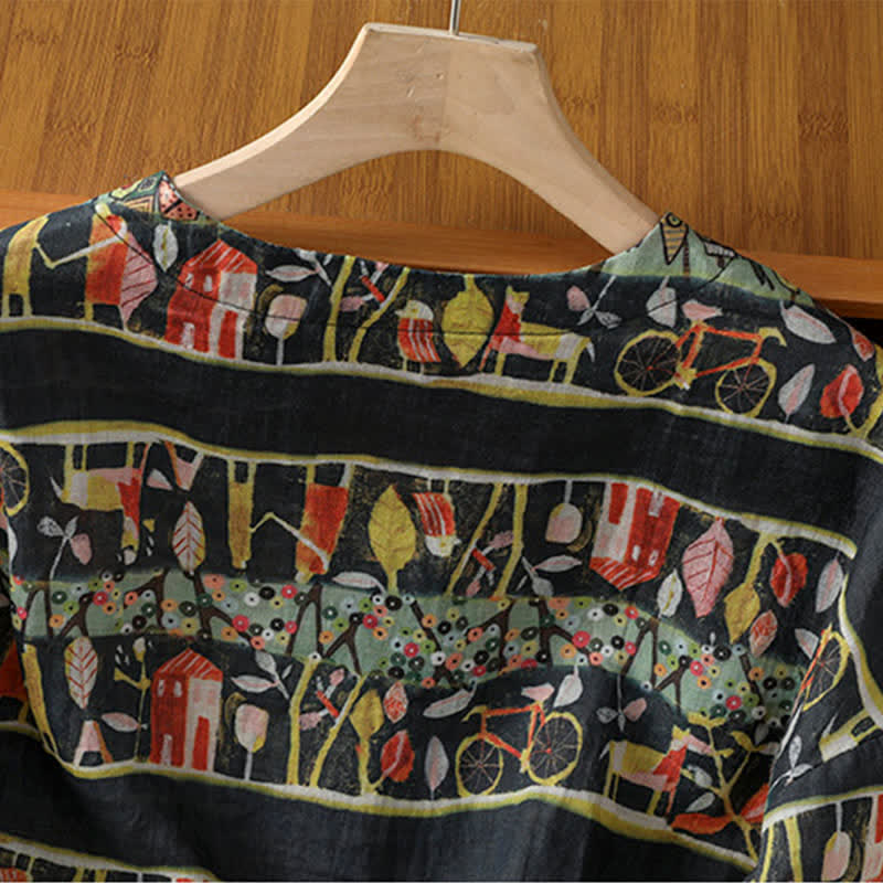 Camicia da donna a maniche a tre quarti in poliestere con scollo a V e stampa Buddha Stones piante, con bottoni. - image 12