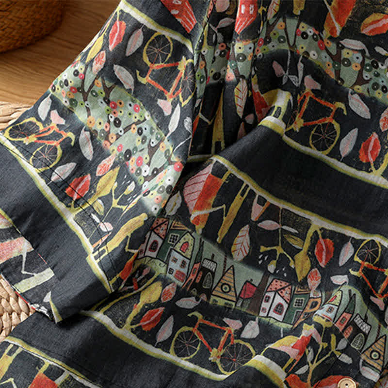Camicia da donna a maniche a tre quarti in poliestere con scollo a V e stampa Buddha Stones piante, con bottoni. - image 14
