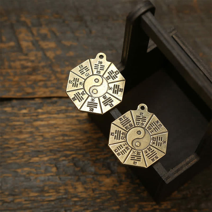 Buddha Stones Ciondolo vintage in ottone Bagua Pi Xiu con cinque monete imperiali, portachiavi di protezione Yin Yang - image 12