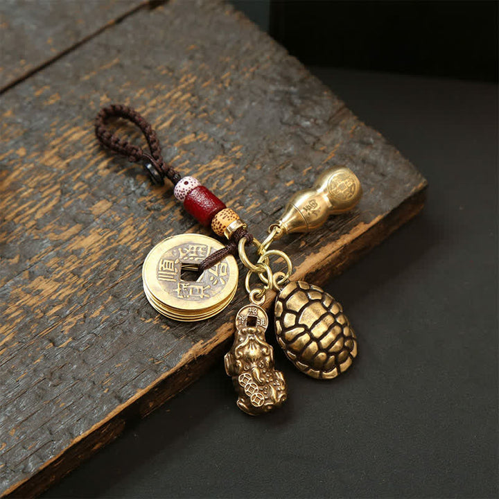 Buddha Stones Portachiavi di protezione con tartarughe in ottone, monete Pi Xiu e cinque imperatori - Zucca tartaruga Pi Xiu Cinque monete dell'imperatore - image 18