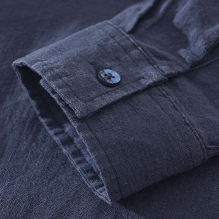 Buddha Stones Camicia da uomo estiva casual minimalista a maniche lunghe, tinta unita, con taschino applicato. - image 4