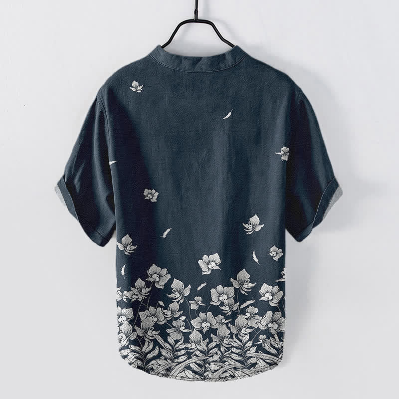 Buddha Stones Camicia da uomo a maniche corte con mezza abbottonatura, in cotone bianco, con orlo a fantasia floreale. - Marina - US/UK/AU50, EU60 (5XL) - image 1
