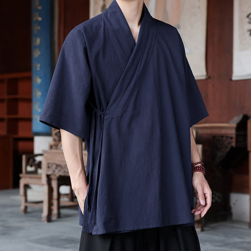 Buddha Stones Camicia da uomo a maniche corte, tinta unita, stile Summer Tang, minimalista, con spacco laterale e taschino. - image 1
