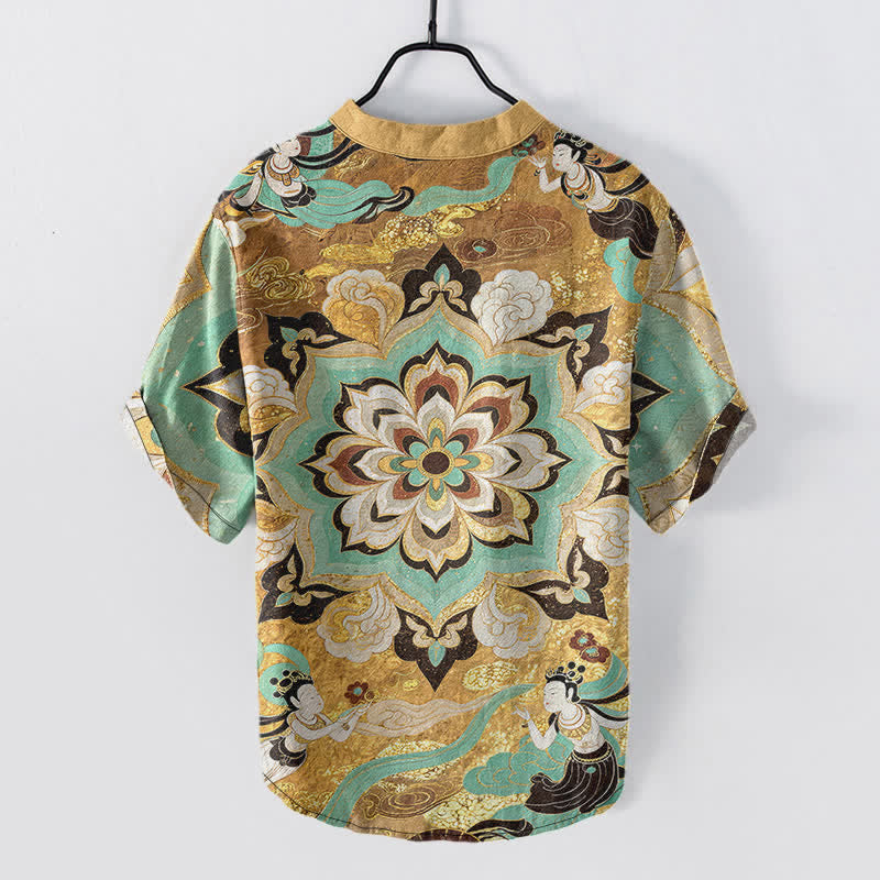 Buddha Stones Camicia da uomo a maniche corte con mezza abbottonatura, in cotone, con motivo mandala e loto. - image 1