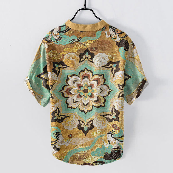 Buddha Stones Camicia da uomo a maniche corte con mezza abbottonatura, in cotone, con motivo mandala e loto. - image 1