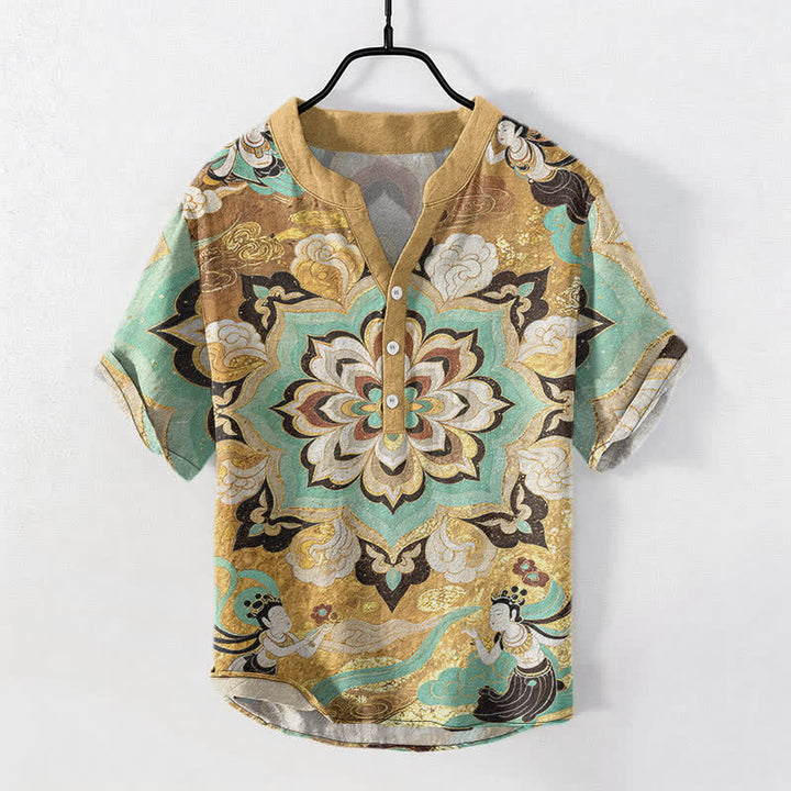 Buddha Stones Camicia da uomo a maniche corte con mezza abbottonatura, in cotone, con motivo mandala e loto. - Oro - US/UK/AU50, EU60 (5XL) - image 0