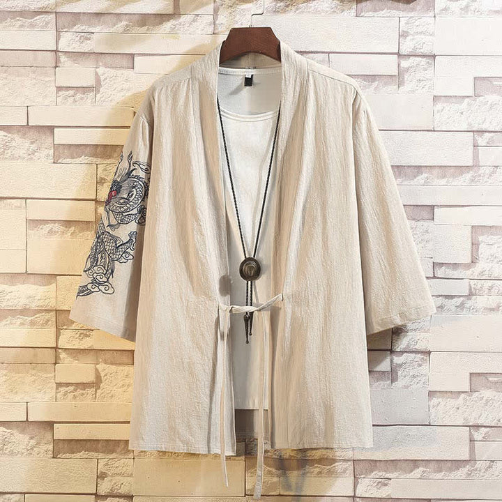 Buddha Stones Kimono da uomo a maniche a tre quarti, stile casual, vintage, con ricamo di gru, ideale per la primavera/estate. - Drago Beige - US/UK/AU46, EU56 (5XL) - image 19