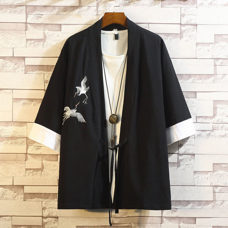 Buddha Stones Kimono da uomo a maniche a tre quarti, stile casual, vintage, con ricamo di gru, ideale per la primavera/estate. - Gru bianca e nera - US/UK/AU46, EU56 (5XL) - image 17