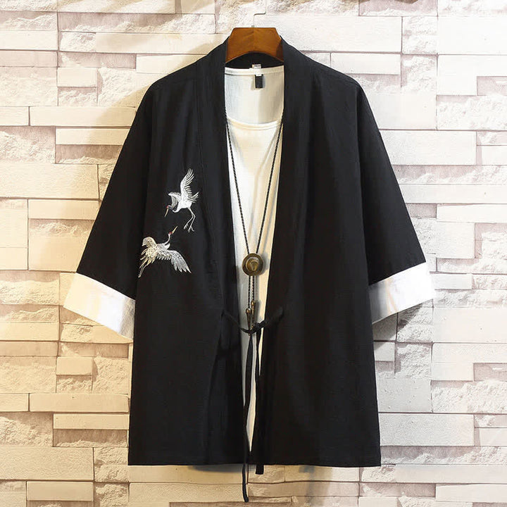 Buddha Stones Kimono da uomo a maniche a tre quarti, stile casual, vintage, con ricamo di gru, ideale per la primavera/estate. - Gru bianca e nera - US/UK/AU46, EU56 (5XL) - image 17