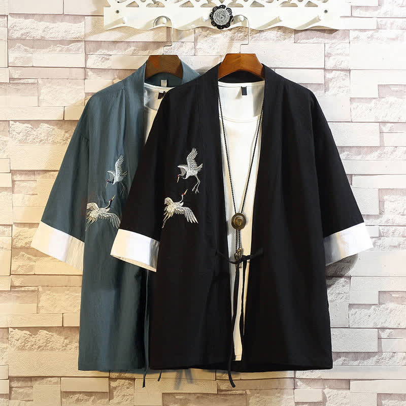 Buddha Stones Kimono da uomo a maniche a tre quarti, stile casual, vintage, con ricamo di gru, ideale per la primavera/estate. - image 35