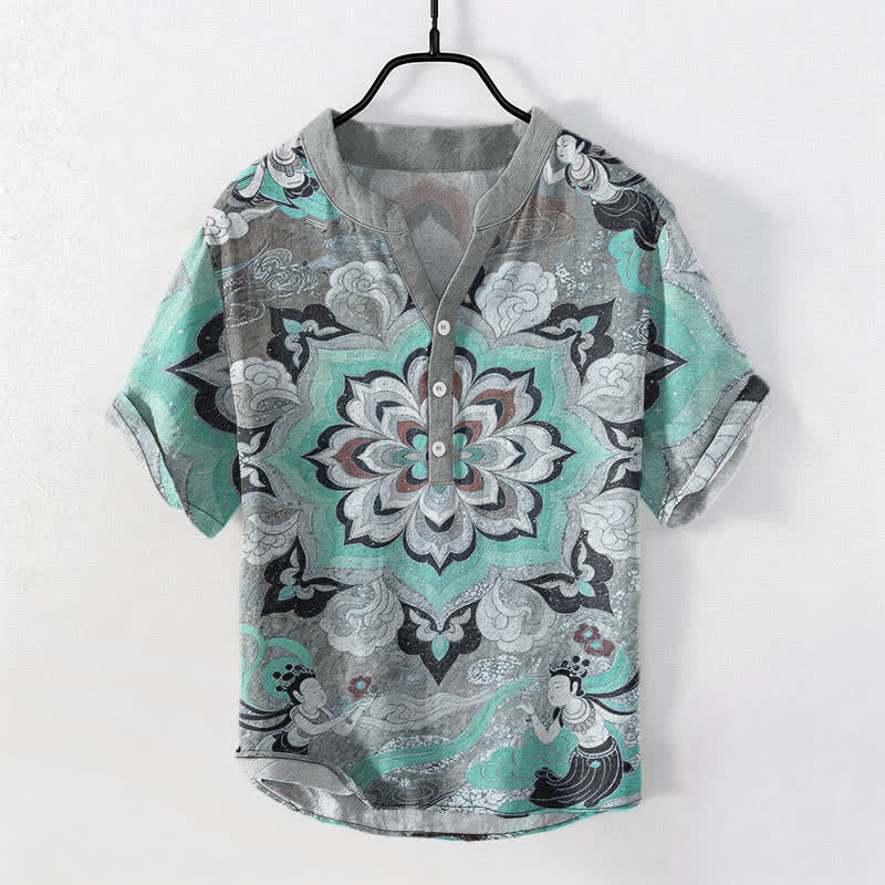 Buddha Stones Camicia da uomo a maniche corte con mezza abbottonatura, in cotone, con motivo mandala e loto. - Turchese - US/UK/AU50, EU60 (5XL) - image 5