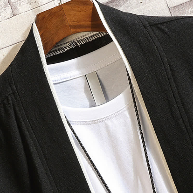 Buddha Stones Kimono da uomo primaverile/estivo, casual, minimalista, tinta unita, maniche a tre quarti, con tasche. - image 5