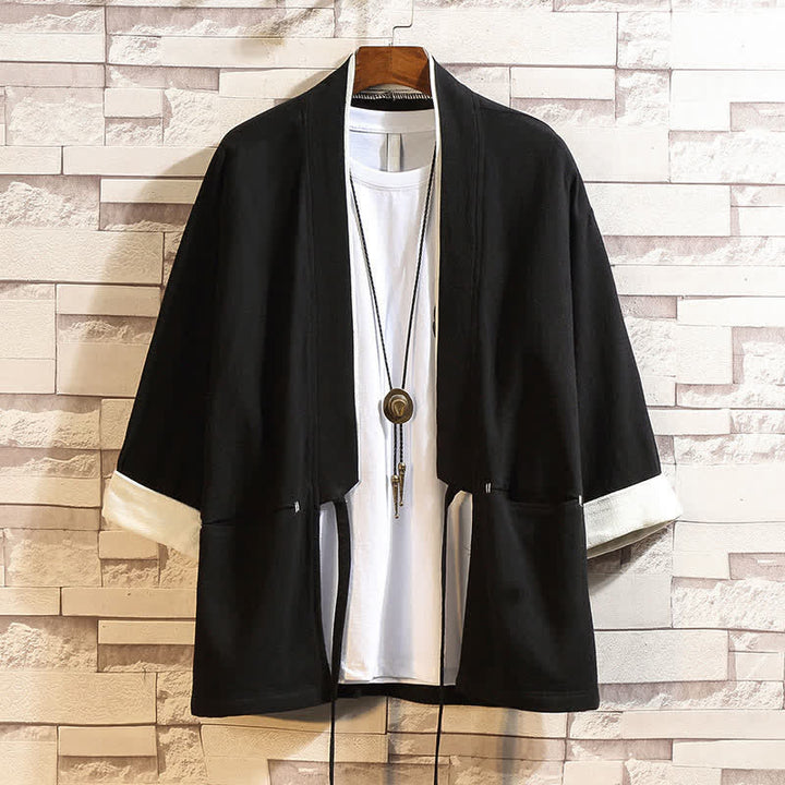 Buddha Stones Kimono da uomo primaverile/estivo, casual, minimalista, tinta unita, maniche a tre quarti, con tasche. - Nero - US/UK/AU46, EU56 (5XL) - image 3