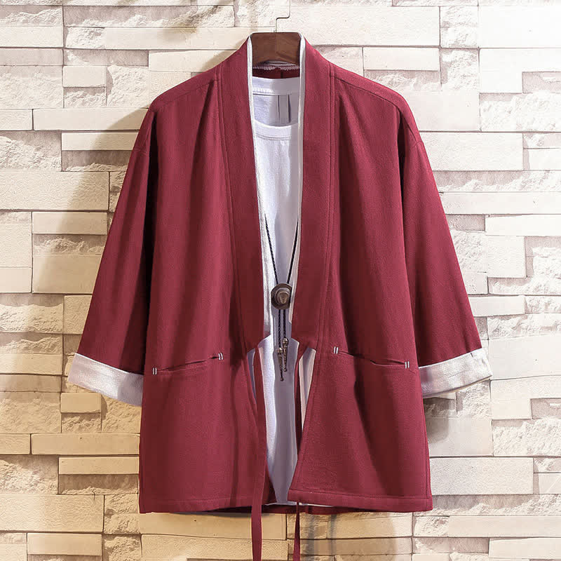 Buddha Stones Kimono da uomo primaverile/estivo, casual, minimalista, tinta unita, maniche a tre quarti, con tasche. - FireBrick - US/UK/AU46, EU56 (5XL) - image 14