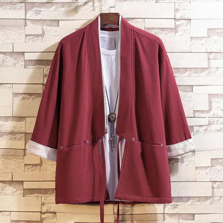Buddha Stones Kimono da uomo primaverile/estivo, casual, minimalista, tinta unita, maniche a tre quarti, con tasche. - FireBrick - US/UK/AU46, EU56 (5XL) - image 14