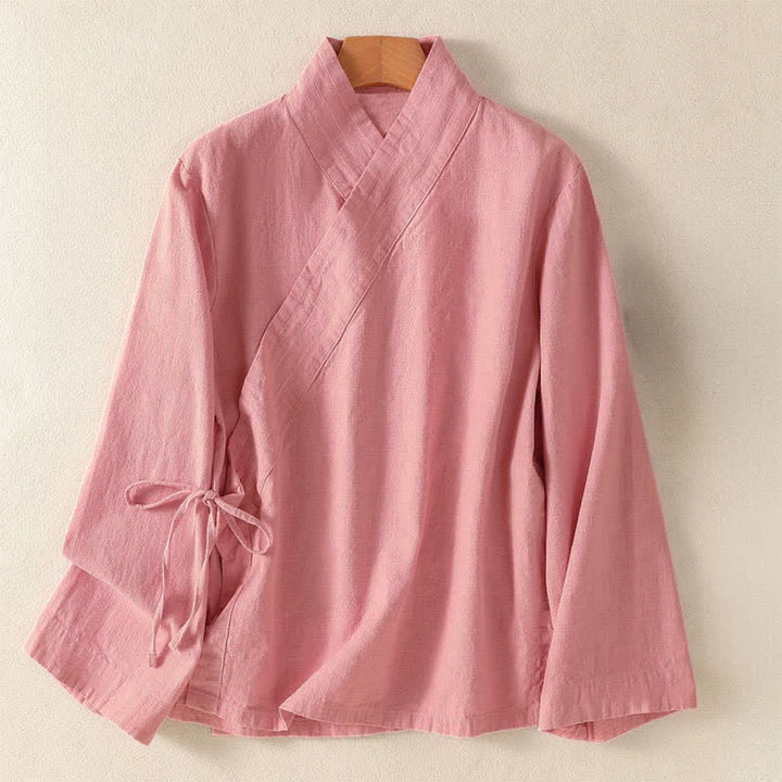Buddha Stones Camicia da donna a maniche lunghe, stile casual primavera/estate, con scollo a V e coulisse, tinta unita. - Rosa chiaro - US12, UK/AU16, EU44 (3XL) - image 6