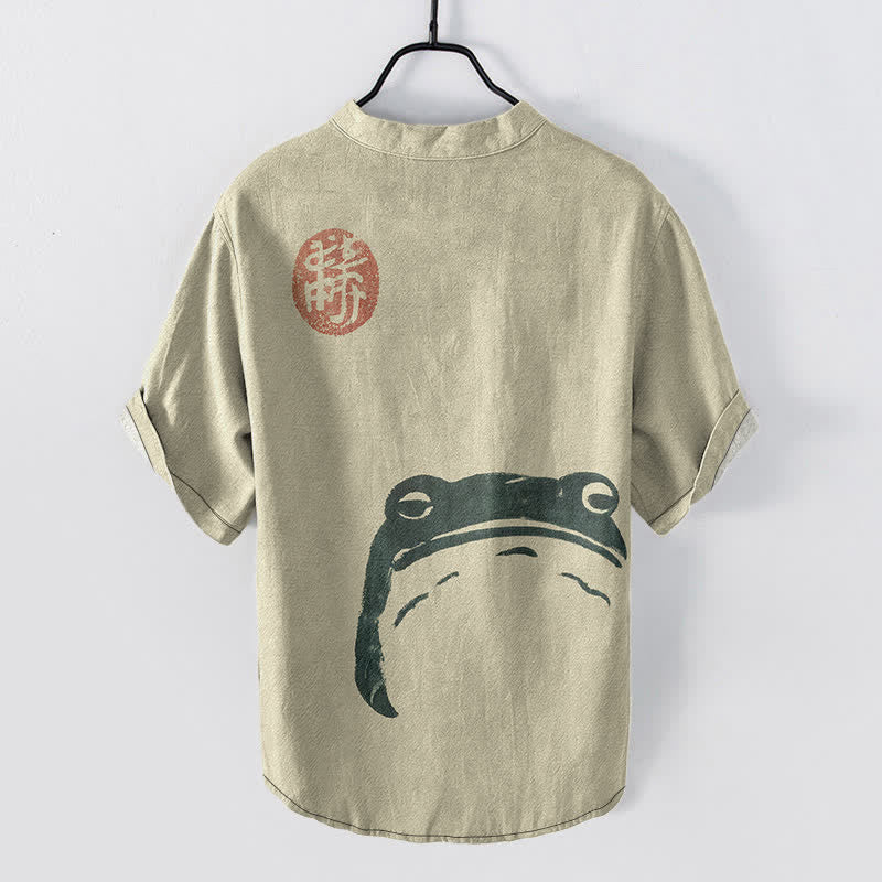 Buddha Stones Camicia da uomo a maniche corte con mezza abbottonatura, in cotone, con motivo vintage a rana e foca. - image 1