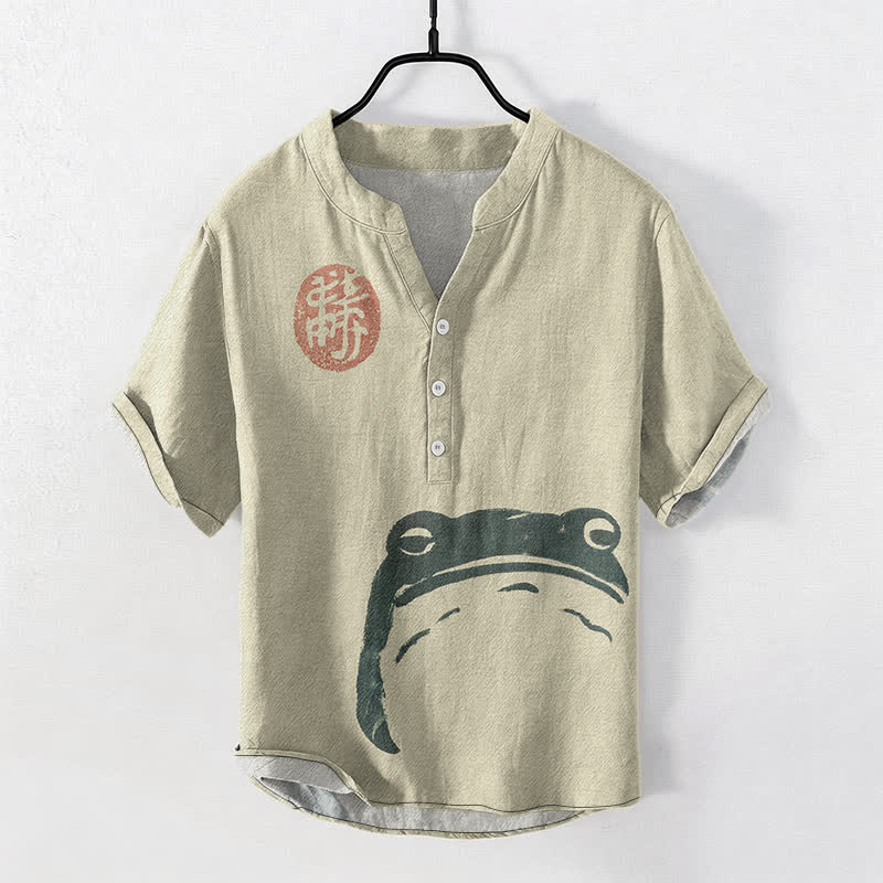 Buddha Stones Camicia da uomo a maniche corte con mezza abbottonatura, in cotone, con motivo vintage a rana e foca. - Beige - US/UK/AU50, EU60 (5XL) - image 0
