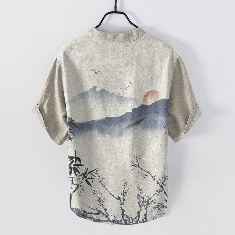 Buddha Stones Camicia da uomo a maniche corte con mezza abbottonatura, stampa su montagna e sole, in cotone, con motivo inchiostro. - image 1