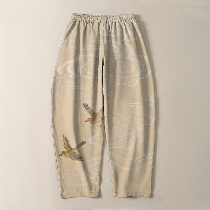 Buddha Stones Pantaloni da uomo affusolati con coulisse e tasche, in puro cotone, con motivo "Nuvola di buon auspicio e uccellino". - image 3