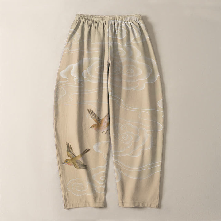 Buddha Stones Pantaloni da uomo affusolati con coulisse e tasche, in puro cotone, con motivo "Nuvola di buon auspicio e uccellino". - image 3