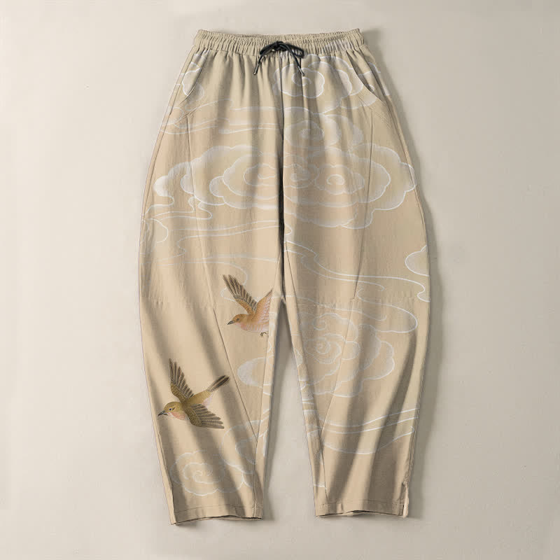 Buddha Stones Pantaloni da uomo affusolati con coulisse e tasche, in puro cotone, con motivo "Nuvola di buon auspicio e uccellino". - image 2