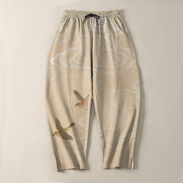 Buddha Stones Pantaloni da uomo affusolati con coulisse e tasche, in puro cotone, con motivo "Nuvola di buon auspicio e uccellino". - image 2
